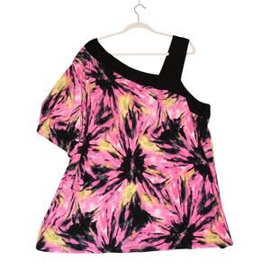 Lane Bryant Blouse Womens 26 28W Pink Black One Shoulder Sexy Abstract Boho